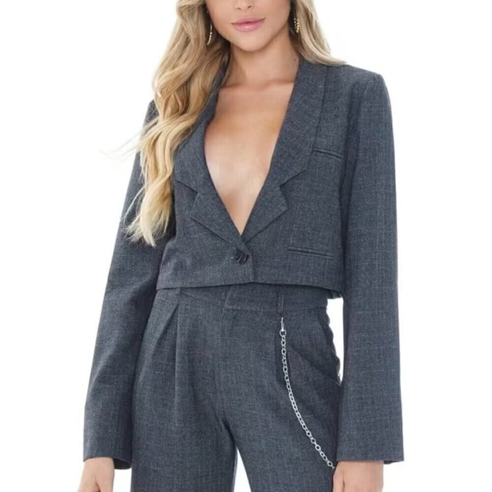 For Love & Lemons Turner Gray Cropped Blazer In Houndstooth S​​​​​​​​​​​